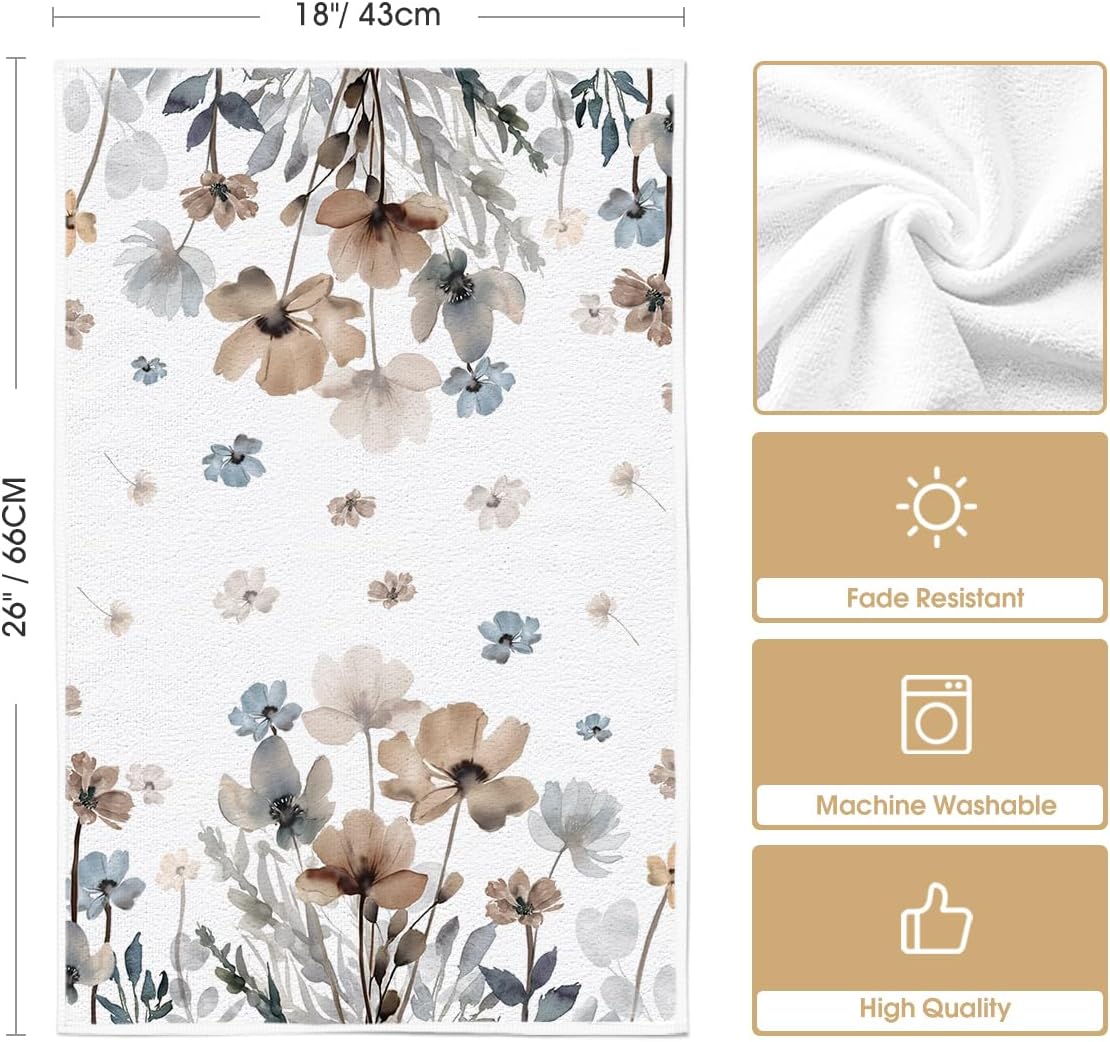 Brown Poppy Floral Leaves Spring Kitchen Towels Dish Towels, 18x26 Inch Seasonal Summer Decoration Hand Towels Set of 2 - Image 6