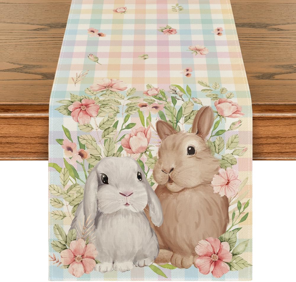 Bunny Rabbit Leaves Floral Easter Table Runner, Seasonal Spring Kitchen Dining Table Decoration for Home Party Decor 13x72 Inch - Image 1