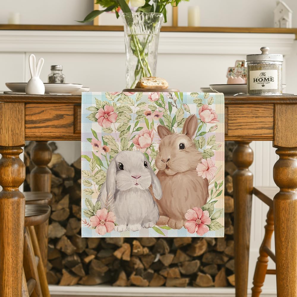 Bunny Rabbit Leaves Floral Easter Table Runner, Seasonal Spring Kitchen Dining Table Decoration for Home Party Decor 13x72 Inch - Image 2