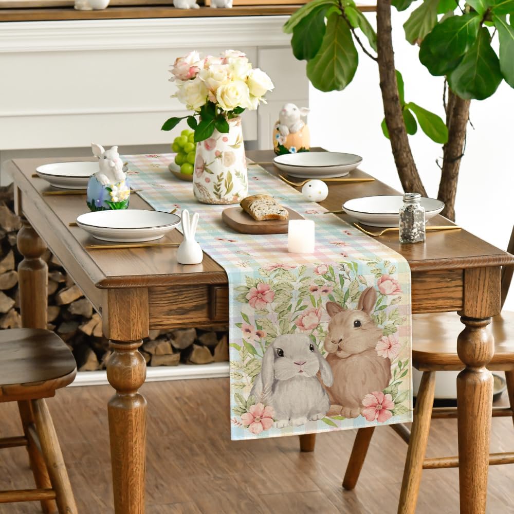 Bunny Rabbit Leaves Floral Easter Table Runner, Seasonal Spring Kitchen Dining Table Decoration for Home Party Decor 13x72 Inch - Image 3