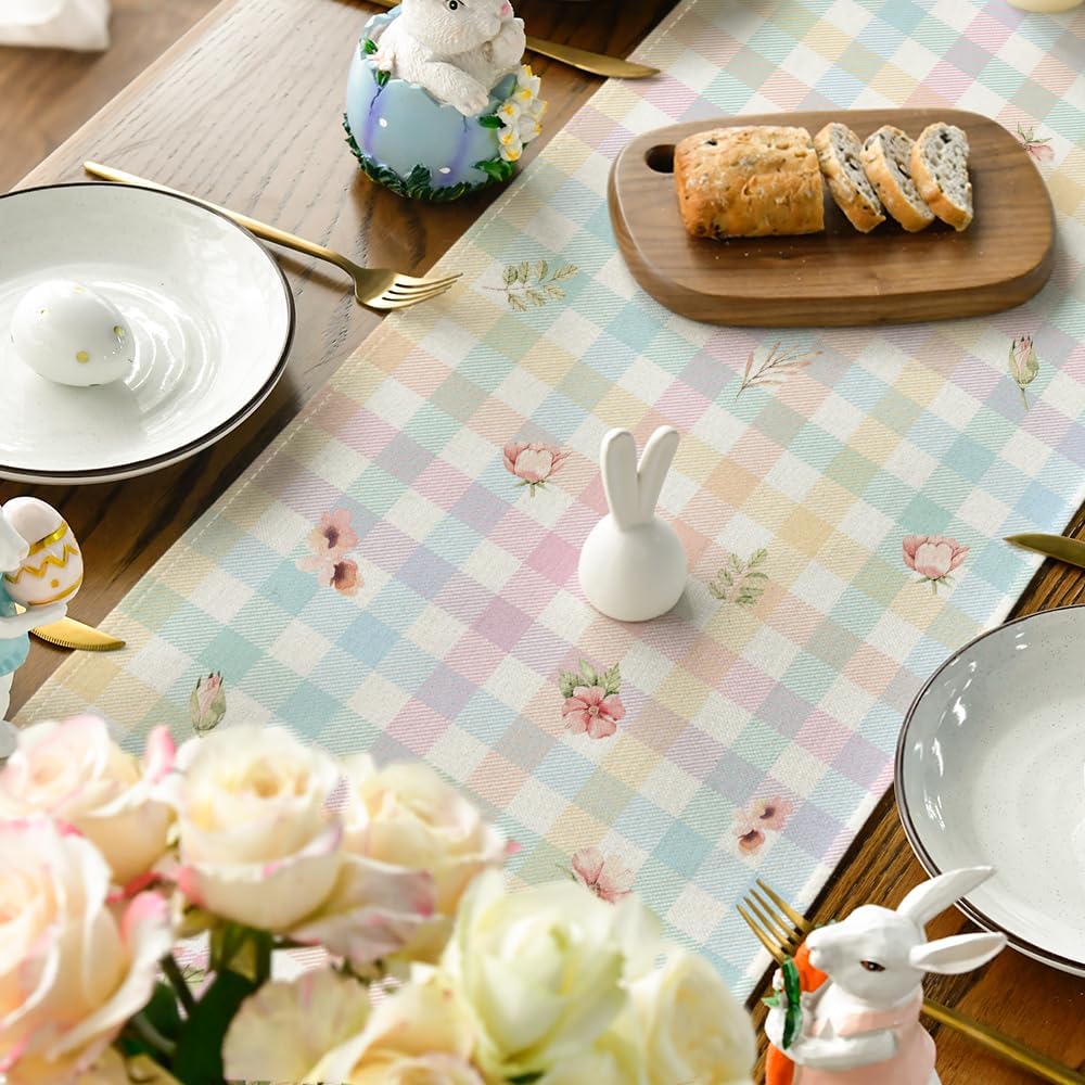 Bunny Rabbit Leaves Floral Easter Table Runner, Seasonal Spring Kitchen Dining Table Decoration for Home Party Decor 13x72 Inch - Image 4