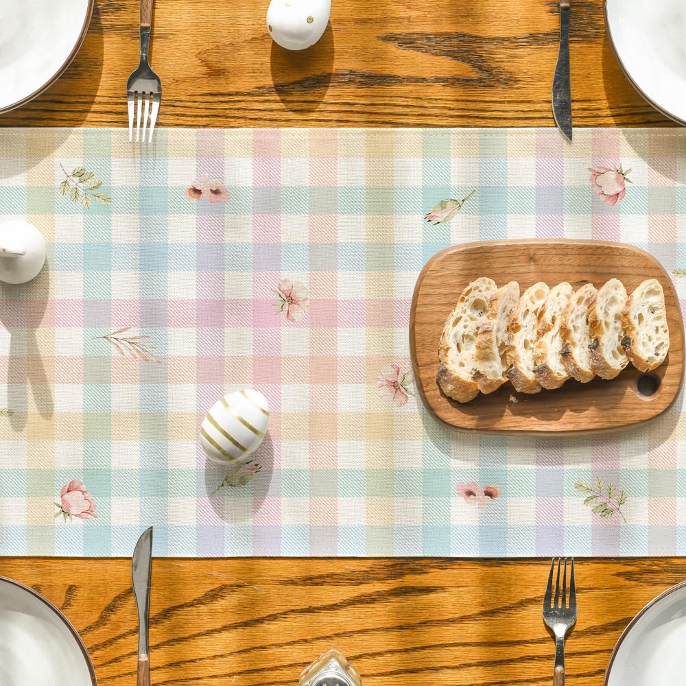 Bunny Rabbit Leaves Floral Easter Table Runner, Seasonal Spring Kitchen Dining Table Decoration for Home Party Decor 13x72 Inch - Image 7