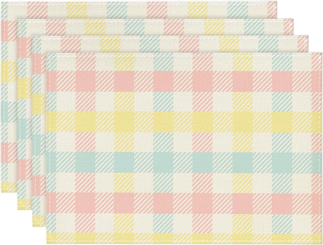 Blue Pink Yellow Buffalo Plaid Placemats Set of 4, 12x18 Inch Seasonal Easter Table Mats for Party Kitchen Dining Decoration - Image 1