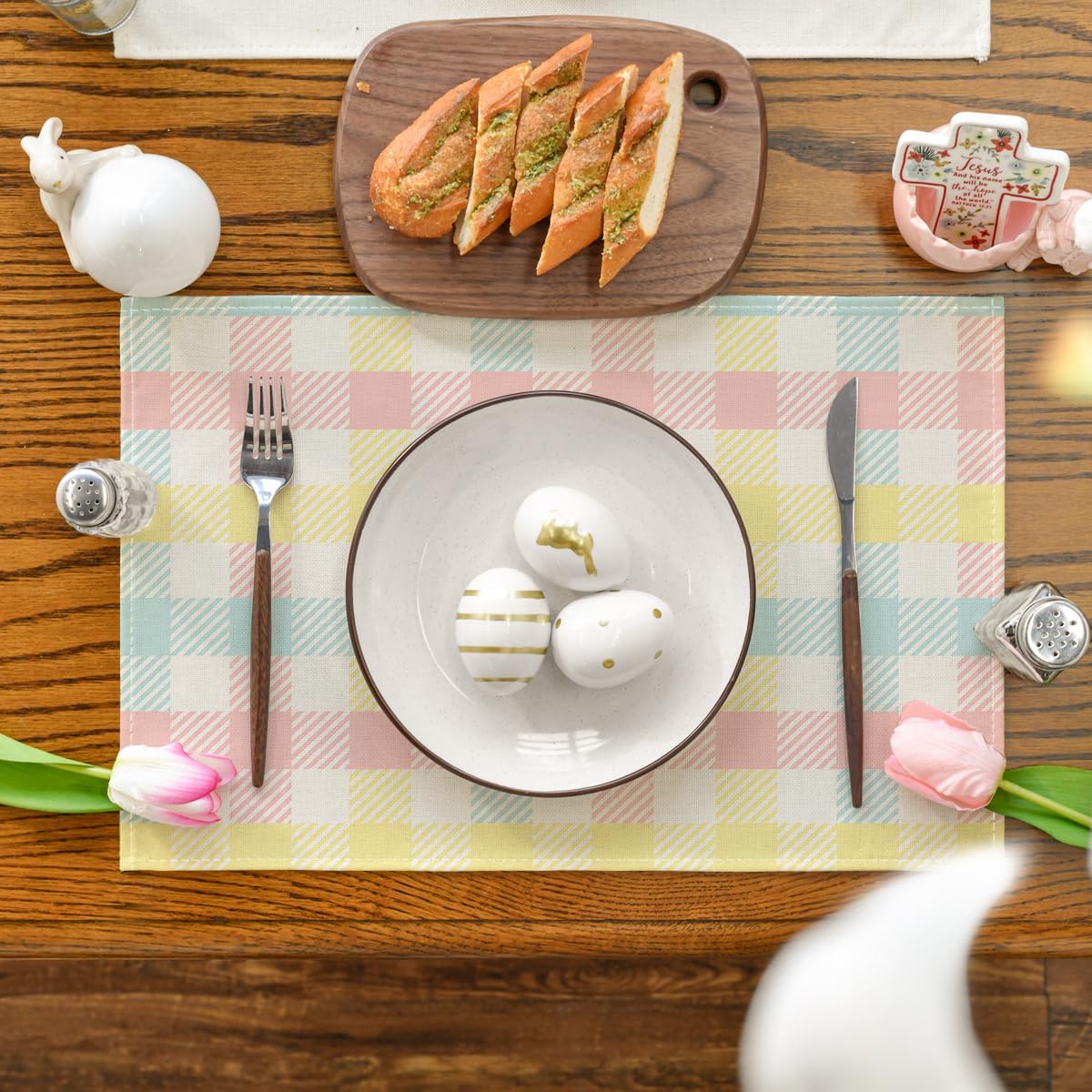 Blue Pink Yellow Buffalo Plaid Placemats Set of 4, 12x18 Inch Seasonal Easter Table Mats for Party Kitchen Dining Decoration - Image 2