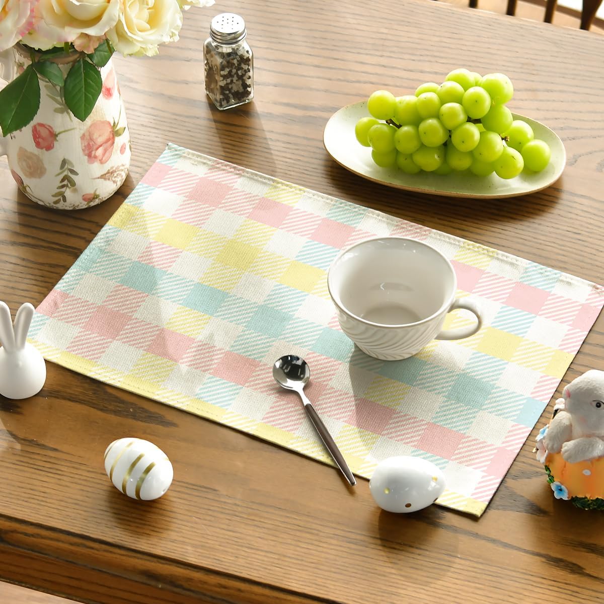 Blue Pink Yellow Buffalo Plaid Placemats Set of 4, 12x18 Inch Seasonal Easter Table Mats for Party Kitchen Dining Decoration - Image 3