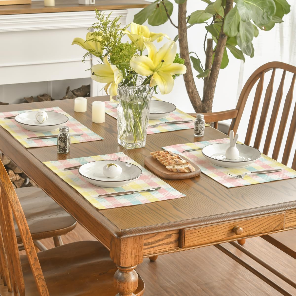 Blue Pink Yellow Buffalo Plaid Placemats Set of 4, 12x18 Inch Seasonal Easter Table Mats for Party Kitchen Dining Decoration - Image 4