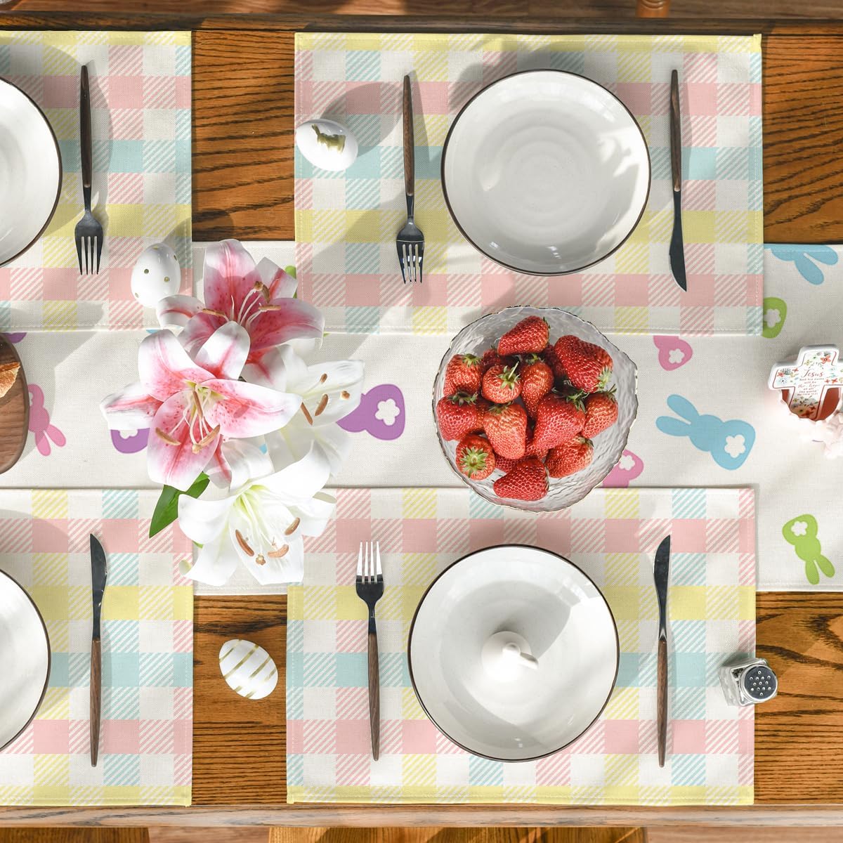 Blue Pink Yellow Buffalo Plaid Placemats Set of 4, 12x18 Inch Seasonal Easter Table Mats for Party Kitchen Dining Decoration - Image 5