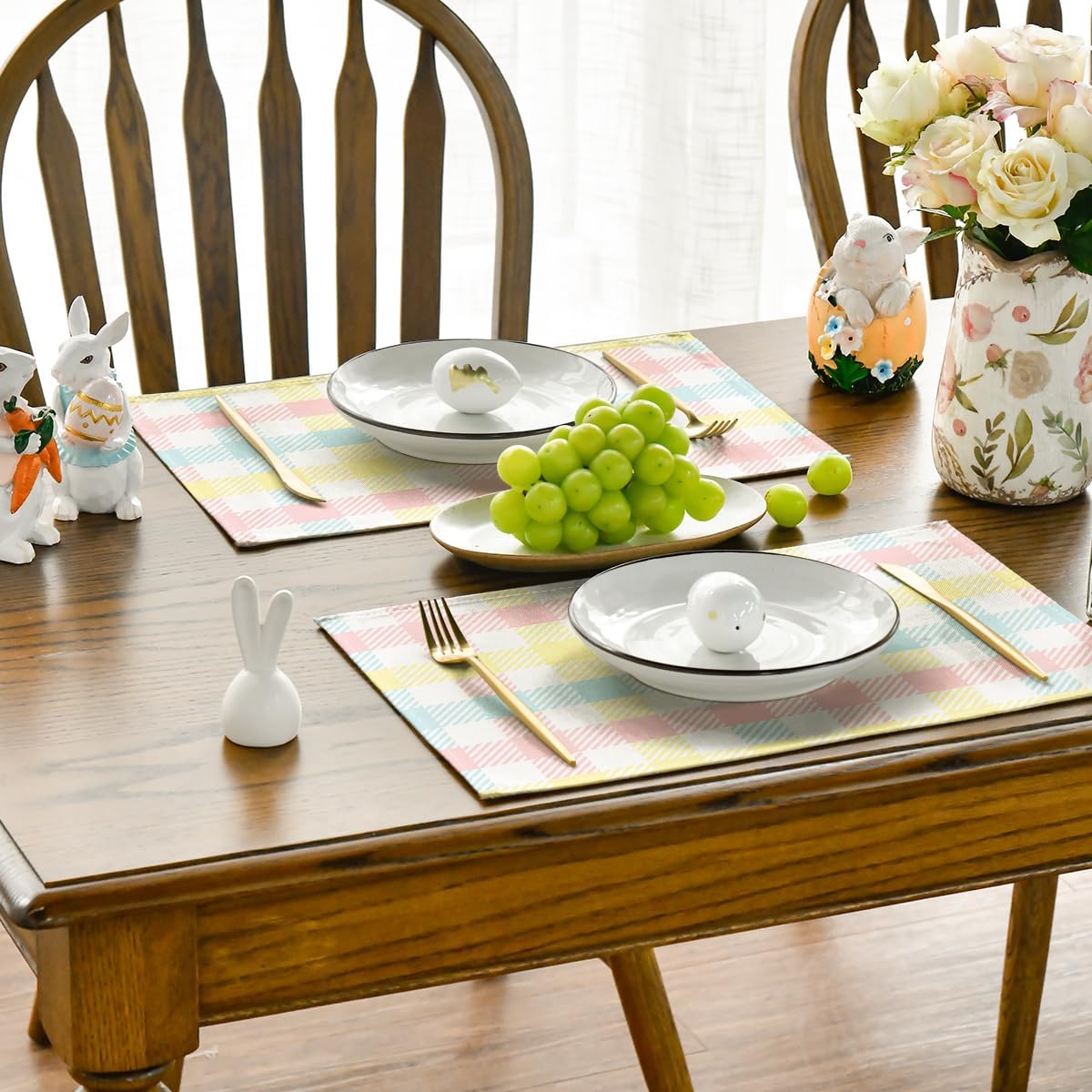 Blue Pink Yellow Buffalo Plaid Placemats Set of 4, 12x18 Inch Seasonal Easter Table Mats for Party Kitchen Dining Decoration - Image 7
