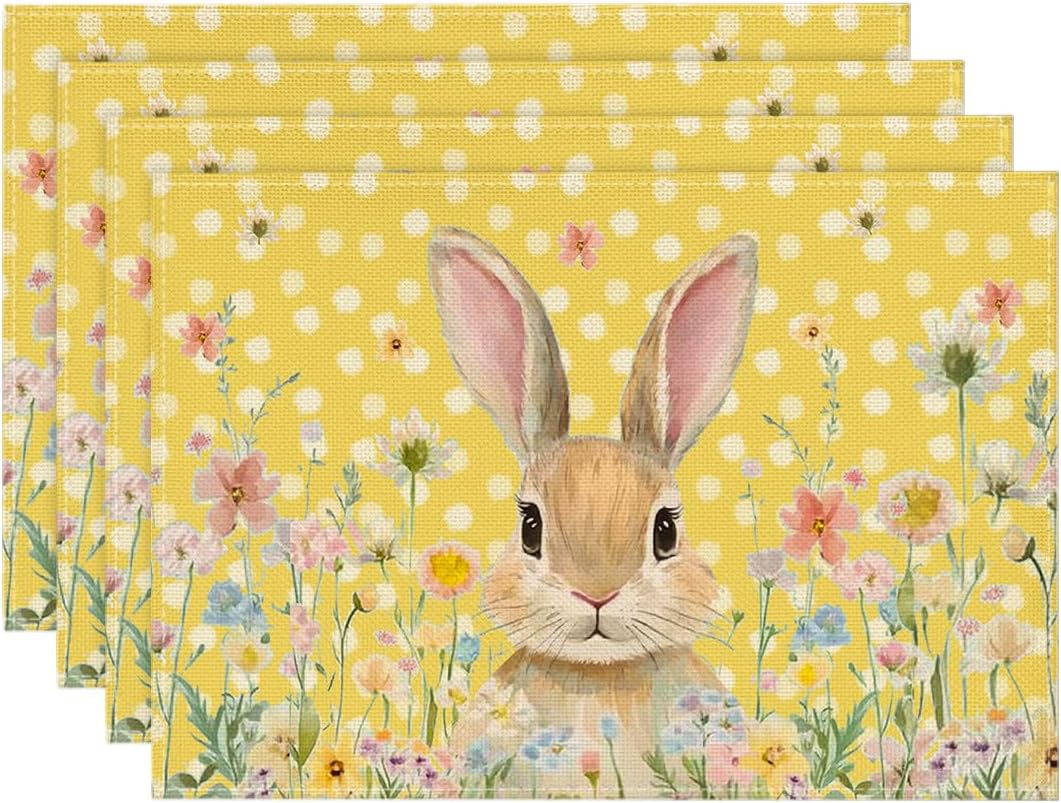 Yellow Bunny Polka Dot Easter Placemats Set of 4, 12x18 Inch Flower Seasonal Spring Holiday Table Mats for Party Kitchen Dining Decoration - Image 1