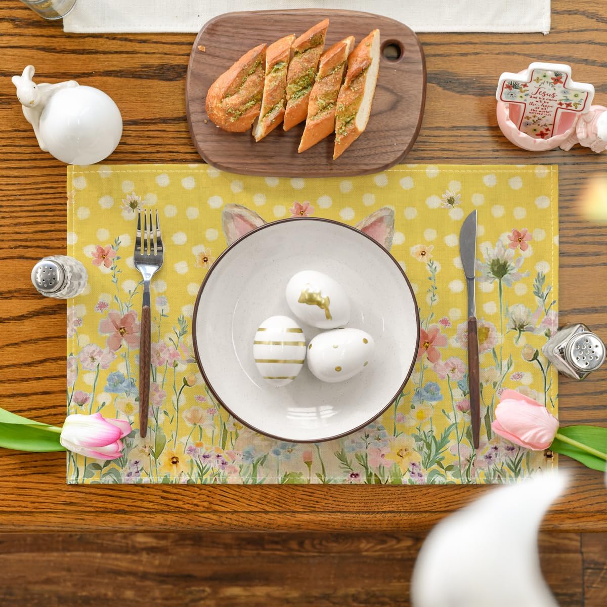 Yellow Bunny Polka Dot Easter Placemats Set of 4, 12x18 Inch Flower Seasonal Spring Holiday Table Mats for Party Kitchen Dining Decoration - Image 2
