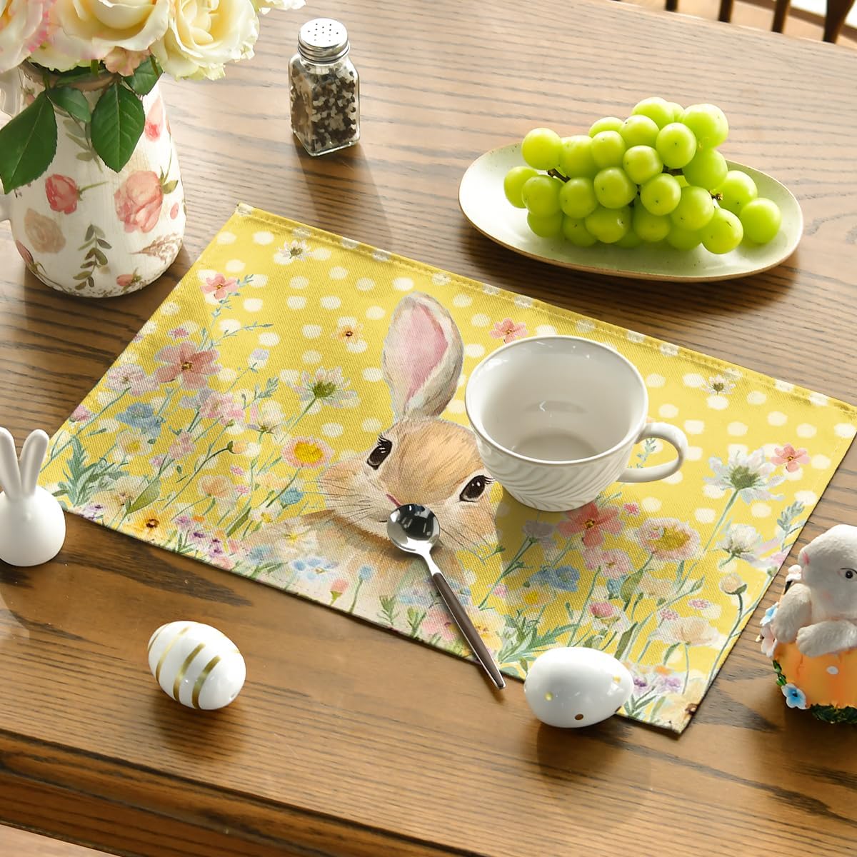 Yellow Bunny Polka Dot Easter Placemats Set of 4, 12x18 Inch Flower Seasonal Spring Holiday Table Mats for Party Kitchen Dining Decoration - Image 3