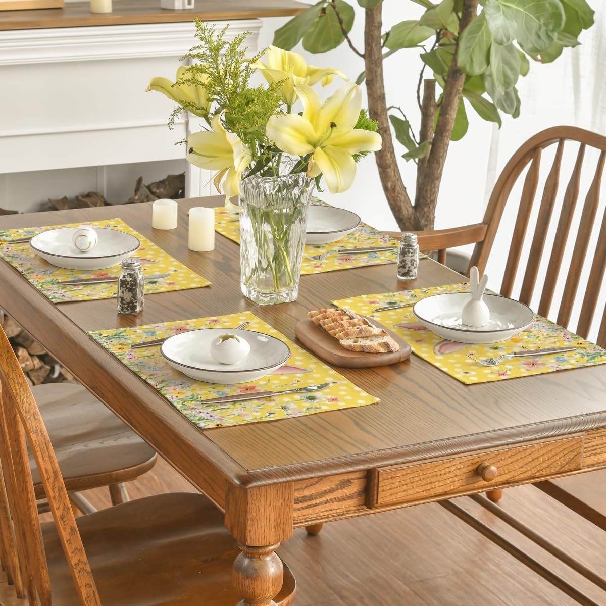 Yellow Bunny Polka Dot Easter Placemats Set of 4, 12x18 Inch Flower Seasonal Spring Holiday Table Mats for Party Kitchen Dining Decoration - Image 4