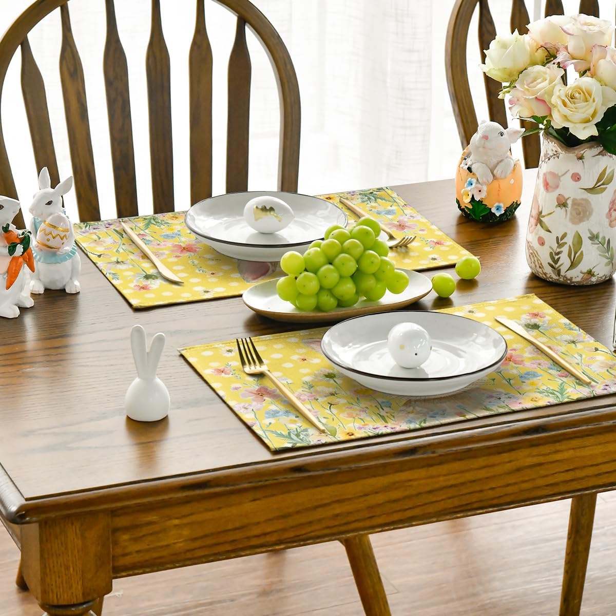 Yellow Bunny Polka Dot Easter Placemats Set of 4, 12x18 Inch Flower Seasonal Spring Holiday Table Mats for Party Kitchen Dining Decoration - Image 5