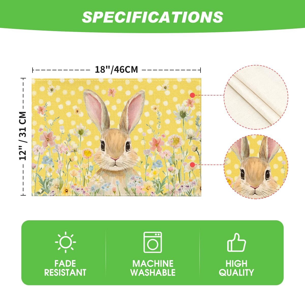 Yellow Bunny Polka Dot Easter Placemats Set of 4, 12x18 Inch Flower Seasonal Spring Holiday Table Mats for Party Kitchen Dining Decoration - Image 6