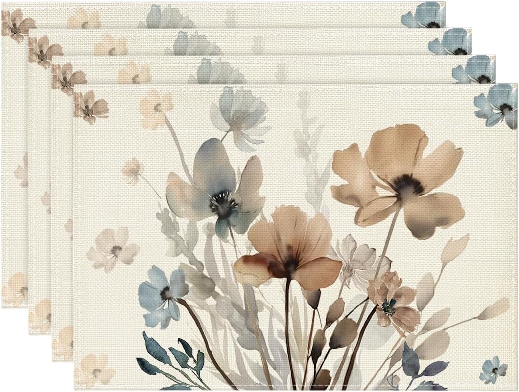Brown Poppy Floral Leaves Fall Placemats Set of 4, 12x18 Inch Seasonal Spring Table Mats for Party Kitchen Dining Decoration - Image 1