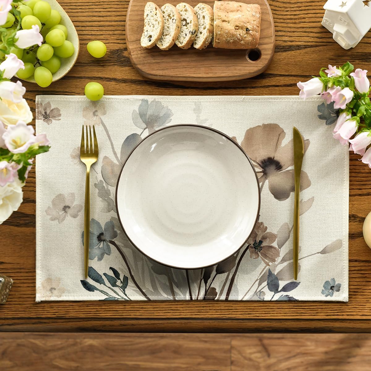 Brown Poppy Floral Leaves Fall Placemats Set of 4, 12x18 Inch Seasonal Spring Table Mats for Party Kitchen Dining Decoration - Image 2