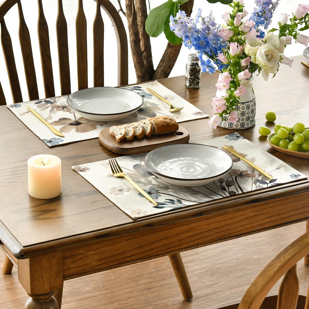 Brown Poppy Floral Leaves Fall Placemats Set of 4, 12x18 Inch Seasonal Spring Table Mats for Party Kitchen Dining Decoration - Image 3