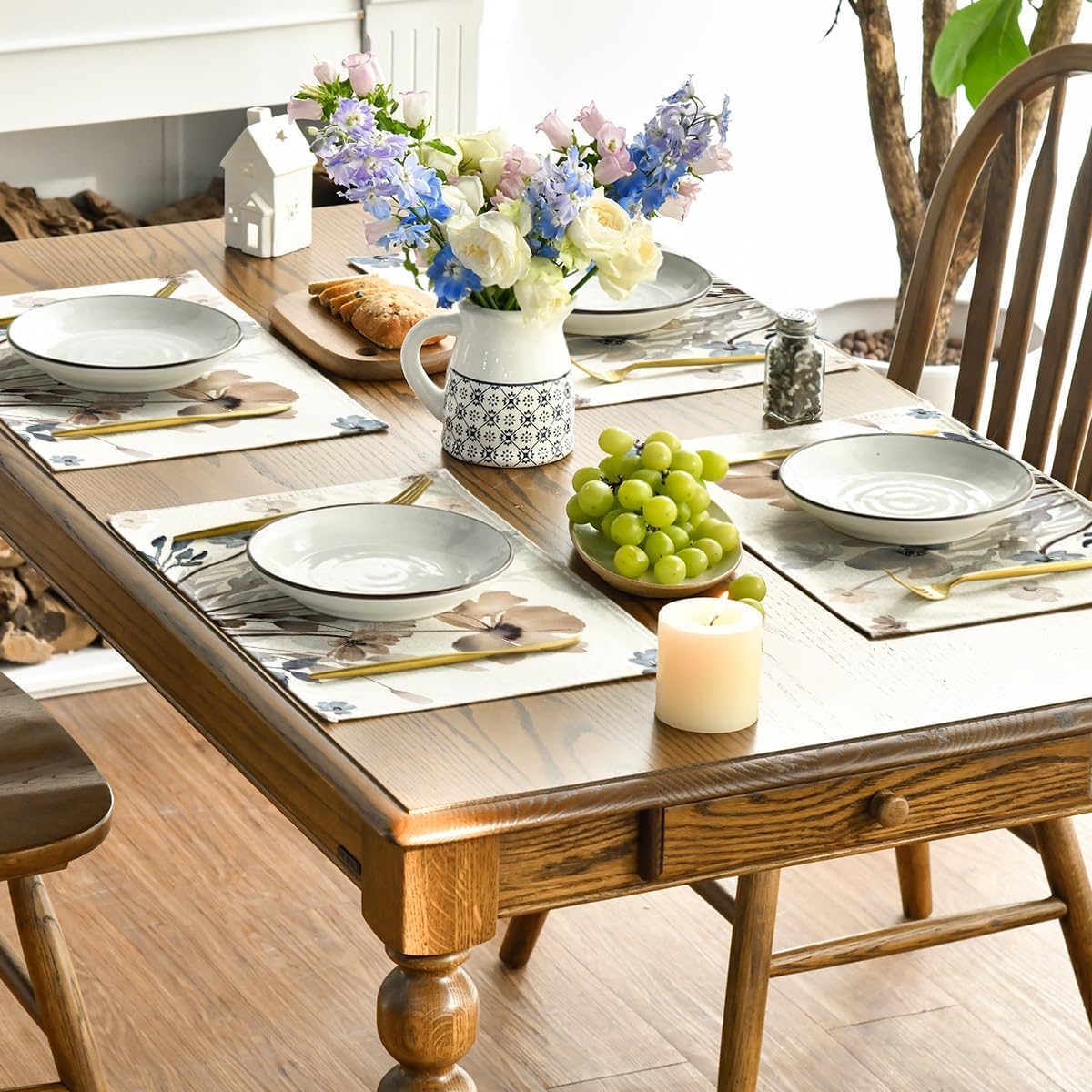Brown Poppy Floral Leaves Fall Placemats Set of 4, 12x18 Inch Seasonal Spring Table Mats for Party Kitchen Dining Decoration - Image 4