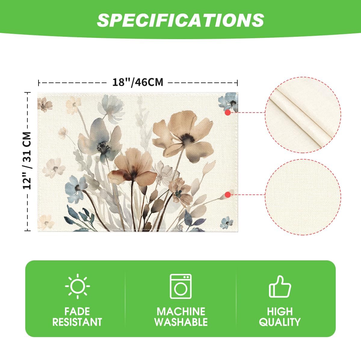 Brown Poppy Floral Leaves Fall Placemats Set of 4, 12x18 Inch Seasonal Spring Table Mats for Party Kitchen Dining Decoration - Image 6