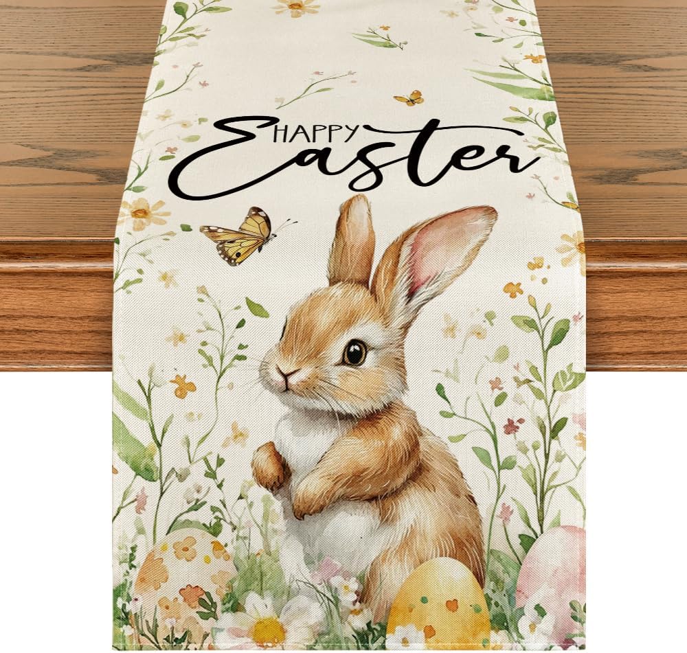 Bunny Rabbit Butterfly Eggs Flowers Easter Table Runner, Seasonal Spring Kitchen Dining Table Decoration for Home Party Decor 13x72 Inch - Image 1