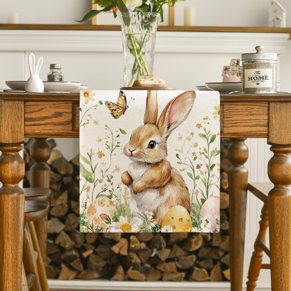 Bunny Rabbit Butterfly Eggs Flowers Easter Table Runner, Seasonal Spring Kitchen Dining Table Decoration for Home Party Decor 13x72 Inch - Image 2