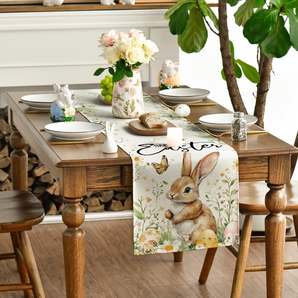 Bunny Rabbit Butterfly Eggs Flowers Easter Table Runner, Seasonal Spring Kitchen Dining Table Decoration for Home Party Decor 13x72 Inch - Image 3