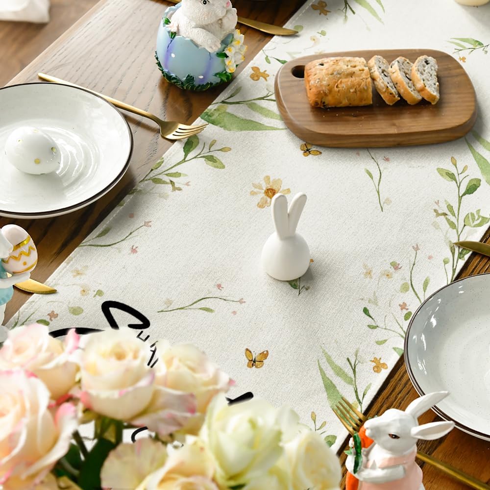 Bunny Rabbit Butterfly Eggs Flowers Easter Table Runner, Seasonal Spring Kitchen Dining Table Decoration for Home Party Decor 13x72 Inch - Image 4
