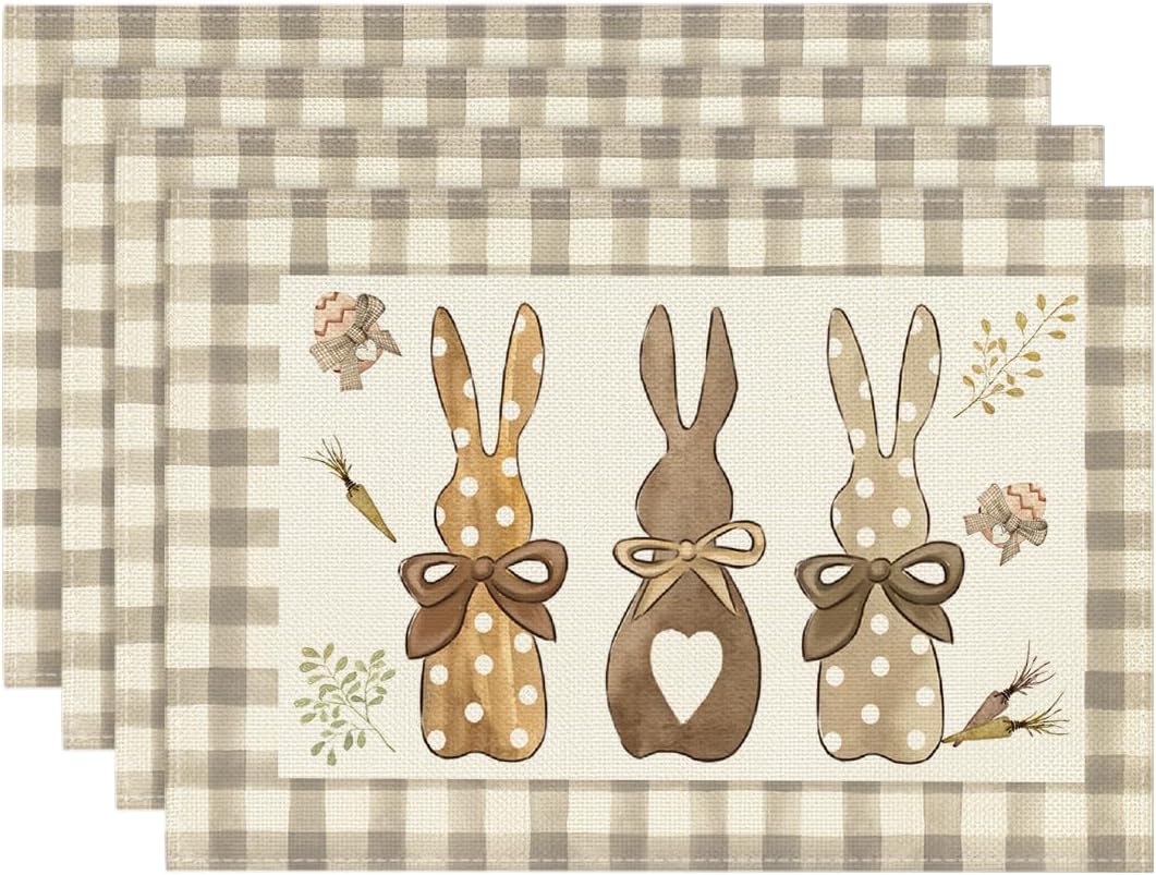 Buffalo Plaid Bunny Happy Easter Placemats Set of 4, 12x18 Inch Seasonal Holiday Table Mats for Party Kitchen Dining Decoration - Image 1