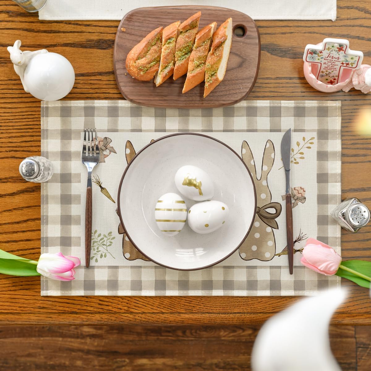 Buffalo Plaid Bunny Happy Easter Placemats Set of 4, 12x18 Inch Seasonal Holiday Table Mats for Party Kitchen Dining Decoration - Image 2