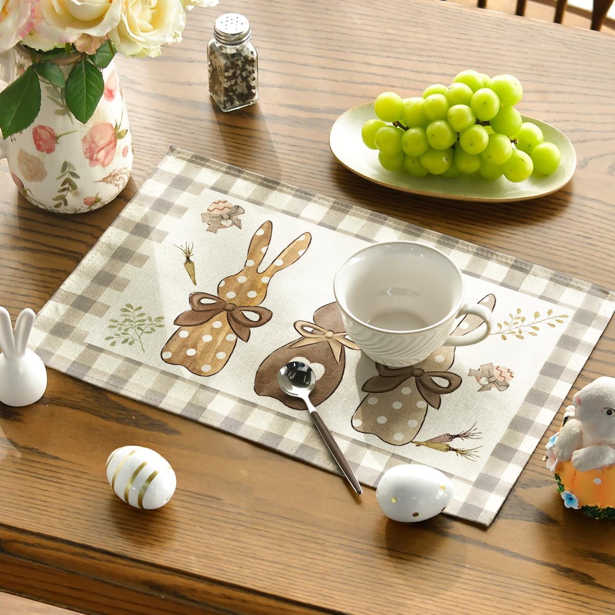 Buffalo Plaid Bunny Happy Easter Placemats Set of 4, 12x18 Inch Seasonal Holiday Table Mats for Party Kitchen Dining Decoration - Image 3