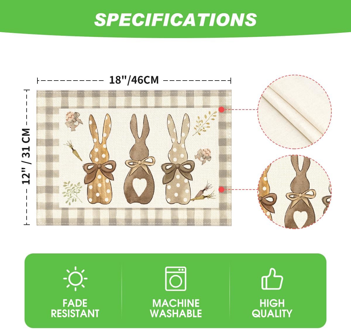 Buffalo Plaid Bunny Happy Easter Placemats Set of 4, 12x18 Inch Seasonal Holiday Table Mats for Party Kitchen Dining Decoration - Image 6