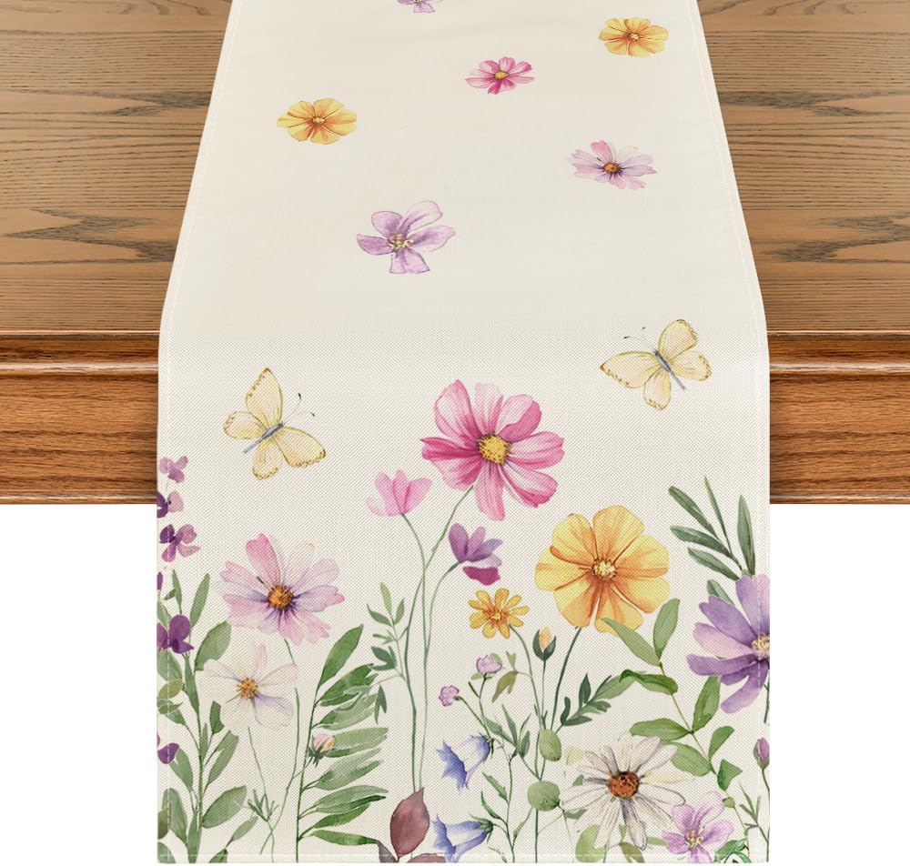 Flowers Butterfly Spring Table Runner, Seasonal Summer Kitchen Dining Table Decoration for Home Party Decor 13x72 Inch - Image 1