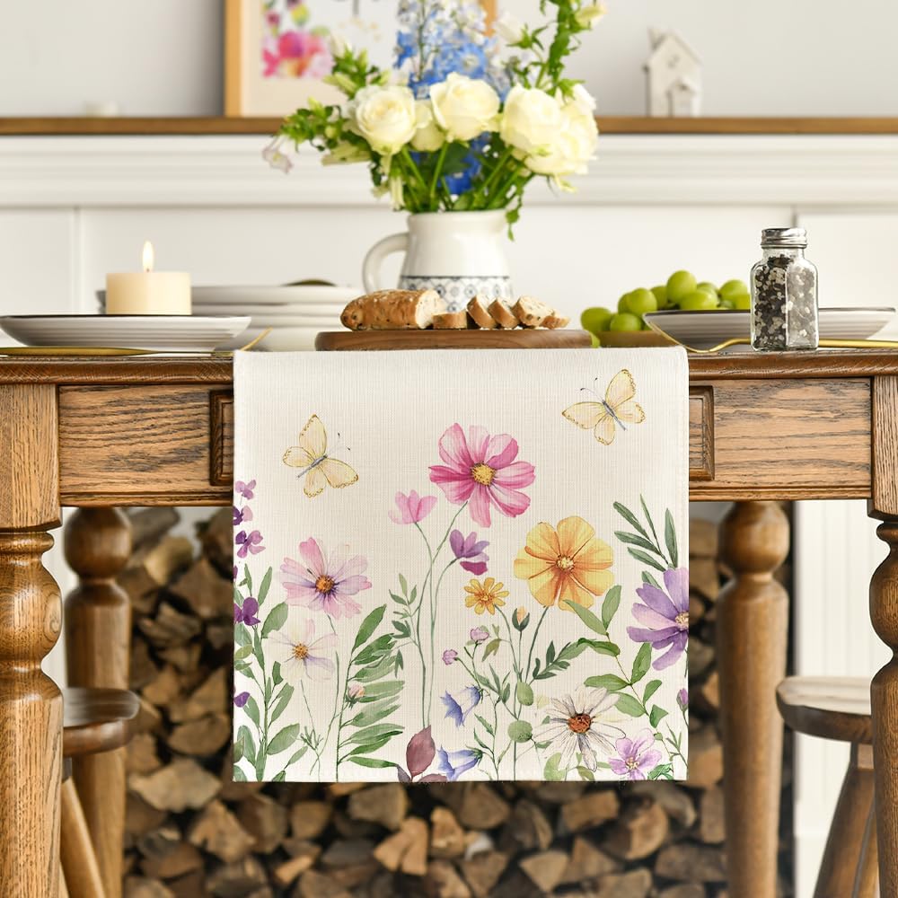 Flowers Butterfly Spring Table Runner, Seasonal Summer Kitchen Dining Table Decoration for Home Party Decor 13x72 Inch - Image 2