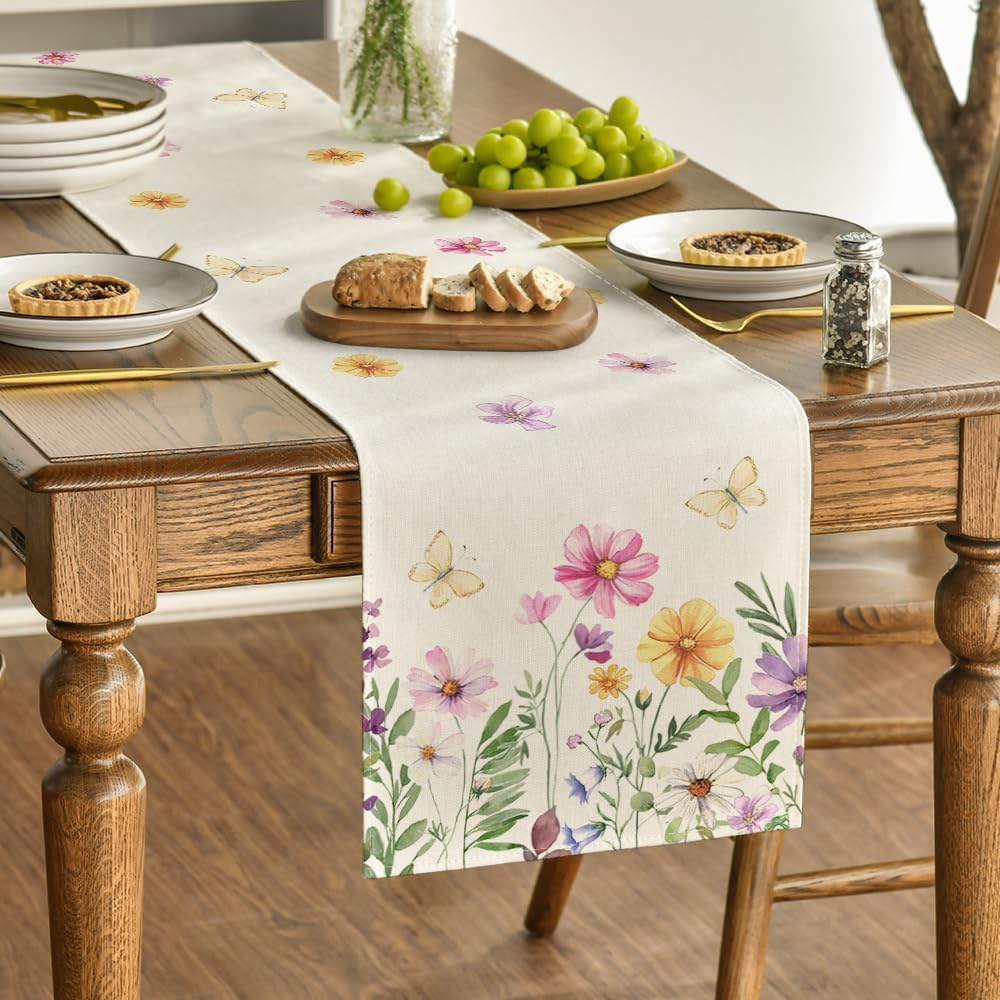 Flowers Butterfly Spring Table Runner, Seasonal Summer Kitchen Dining Table Decoration for Home Party Decor 13x72 Inch - Image 3