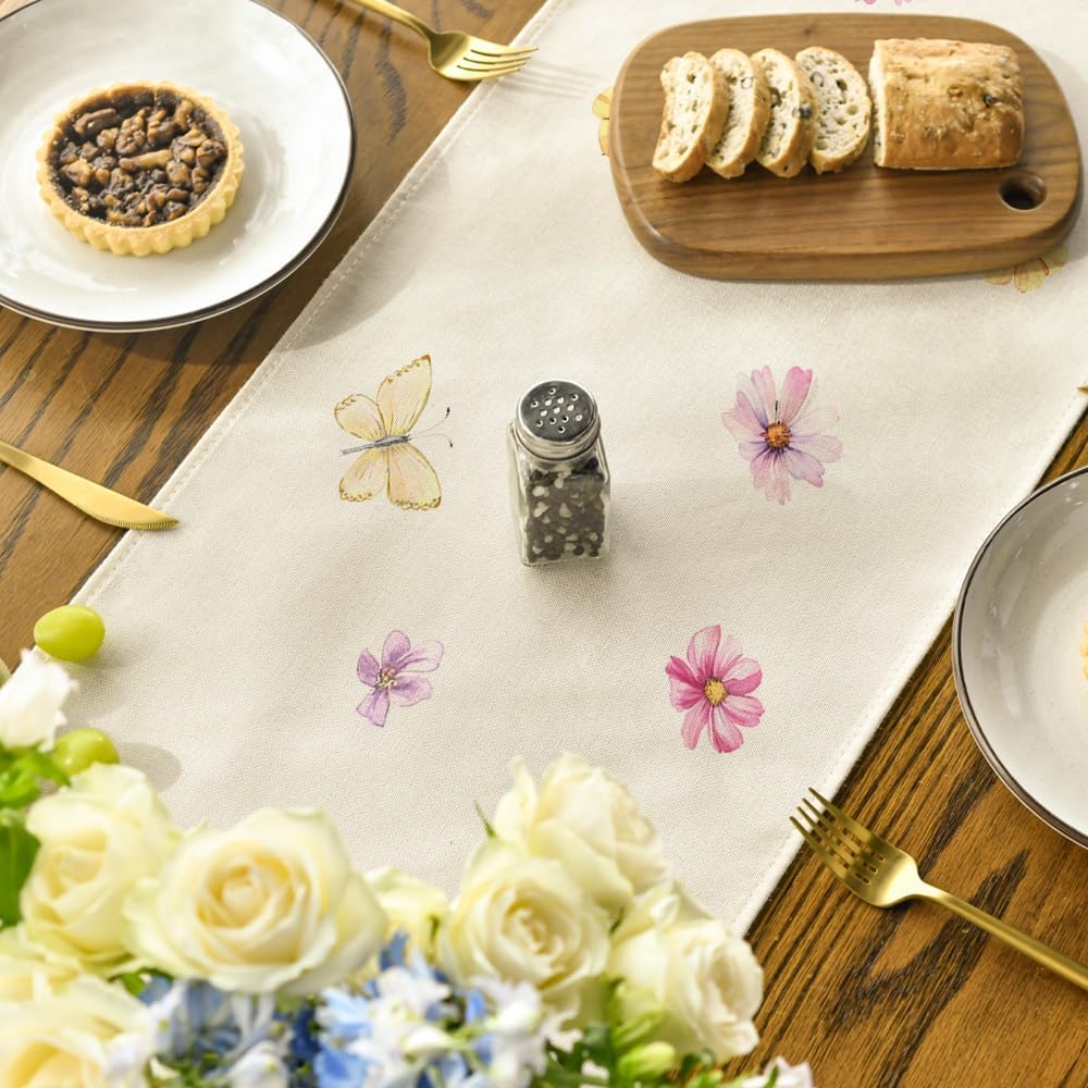 Flowers Butterfly Spring Table Runner, Seasonal Summer Kitchen Dining Table Decoration for Home Party Decor 13x72 Inch - Image 4