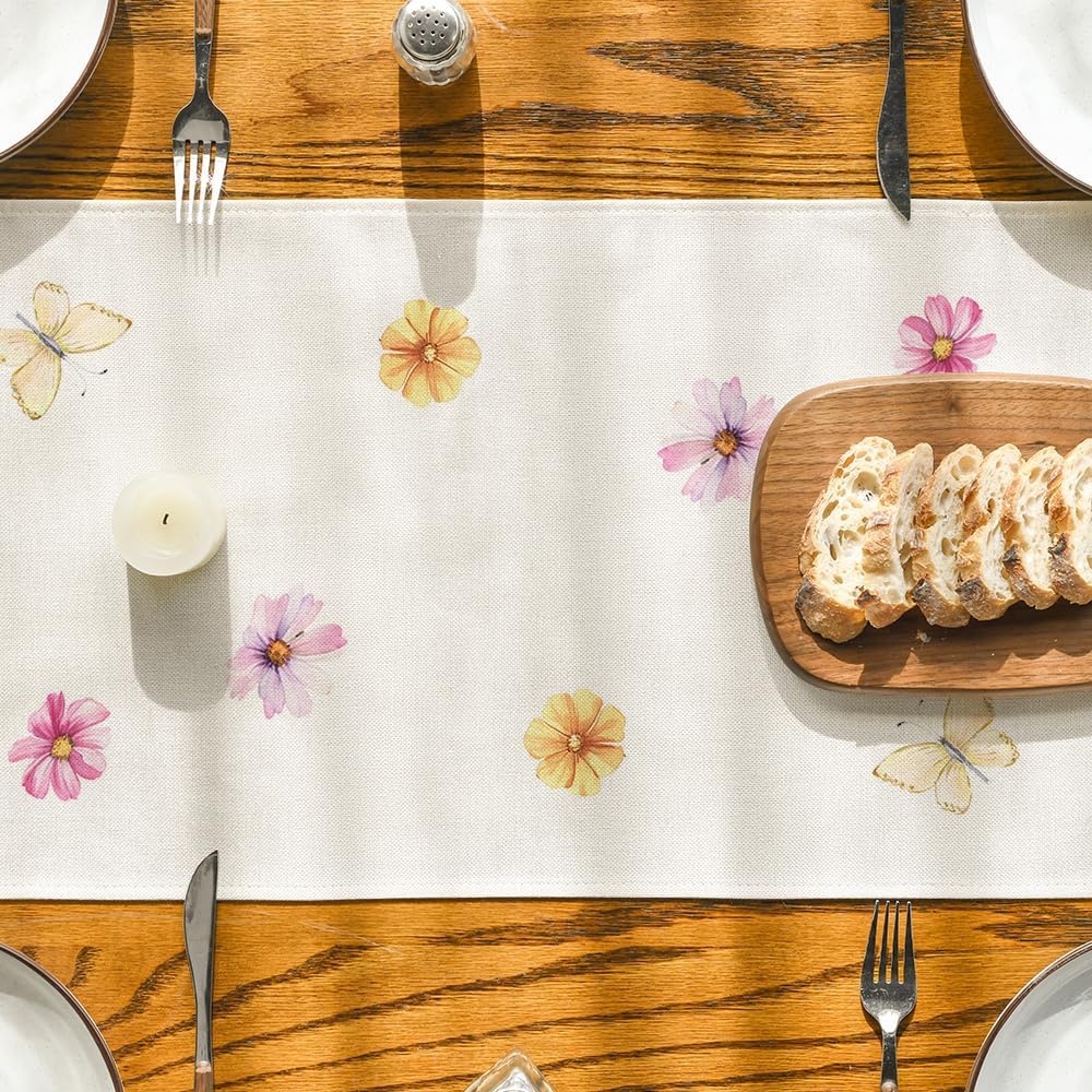 Flowers Butterfly Spring Table Runner, Seasonal Summer Kitchen Dining Table Decoration for Home Party Decor 13x72 Inch - Image 7