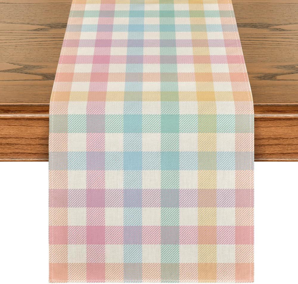 Blue Pink Yellow Buffalo Plaid Easter Table Runner, Daily Holiday Check Kitchen Dining Table Decoration for Home Party Outdoor 13x72 Inch - Image 1