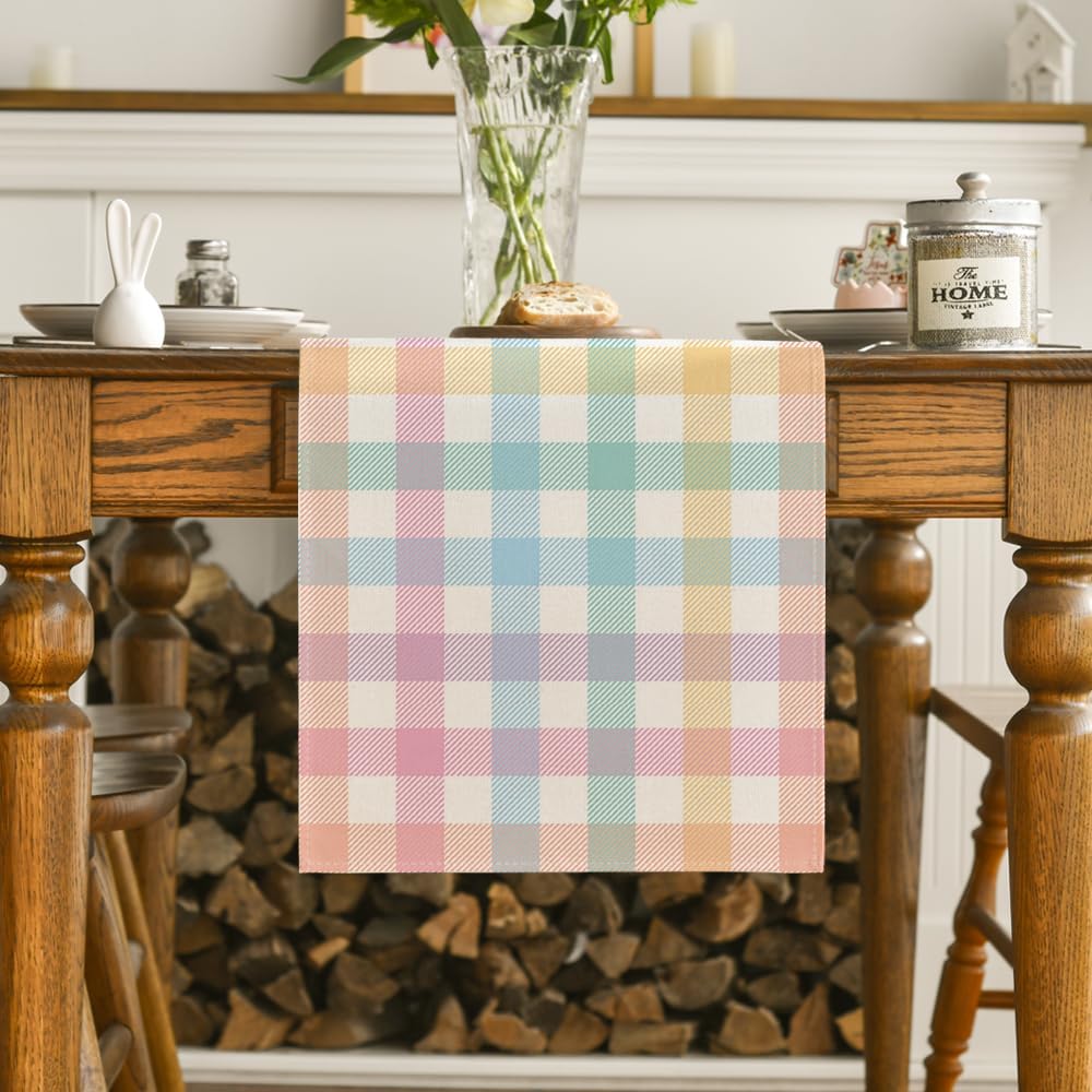 Blue Pink Yellow Buffalo Plaid Easter Table Runner, Daily Holiday Check Kitchen Dining Table Decoration for Home Party Outdoor 13x72 Inch - Image 2