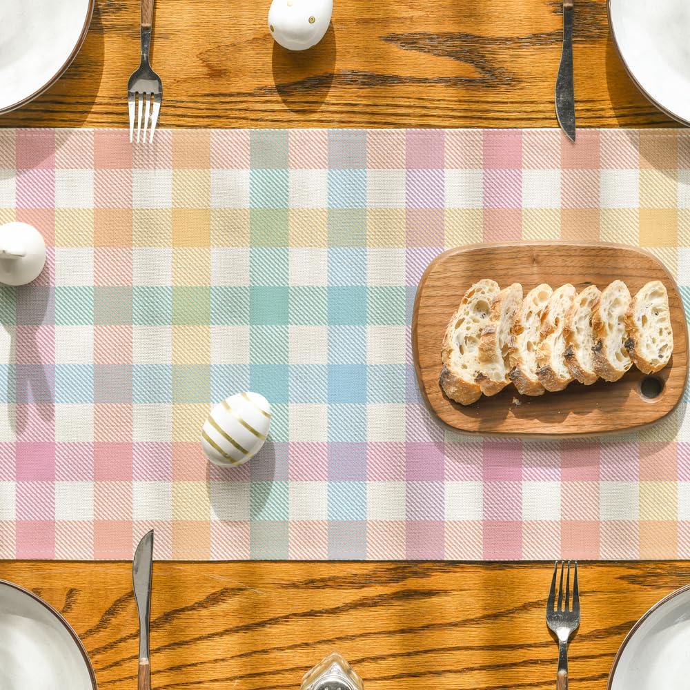 Blue Pink Yellow Buffalo Plaid Easter Table Runner, Daily Holiday Check Kitchen Dining Table Decoration for Home Party Outdoor 13x72 Inch - Image 3