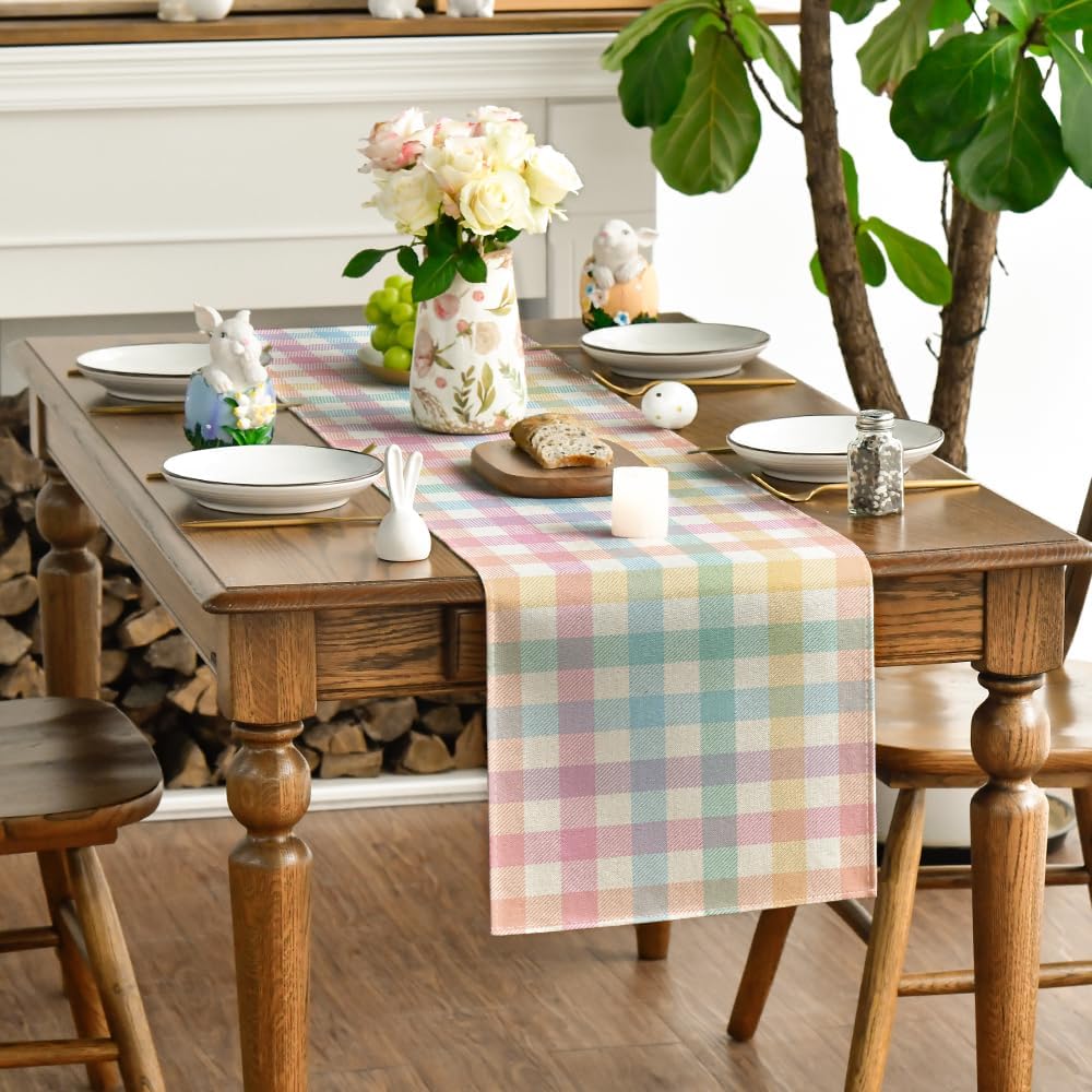 Blue Pink Yellow Buffalo Plaid Easter Table Runner, Daily Holiday Check Kitchen Dining Table Decoration for Home Party Outdoor 13x72 Inch - Image 4