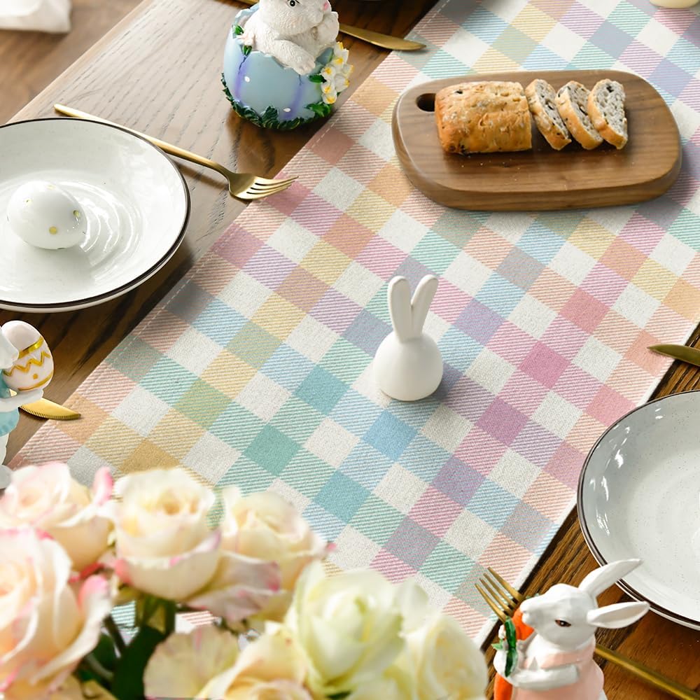 Blue Pink Yellow Buffalo Plaid Easter Table Runner, Daily Holiday Check Kitchen Dining Table Decoration for Home Party Outdoor 13x72 Inch - Image 7