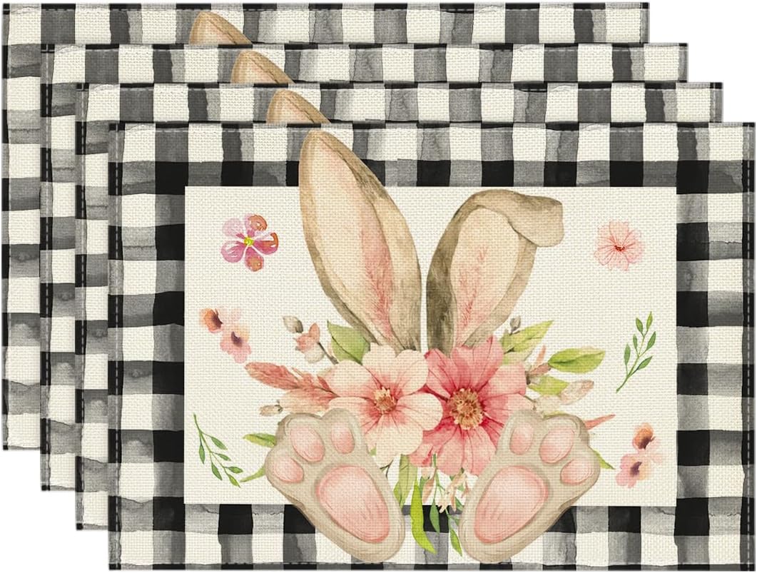 Buffalo Plaid Bunny Ear Foot Flower Easter Placemats Set of 4, 12x18 Inch Seasonal Spring Table Mats for Party Kitchen Dining Decoration - Image 1