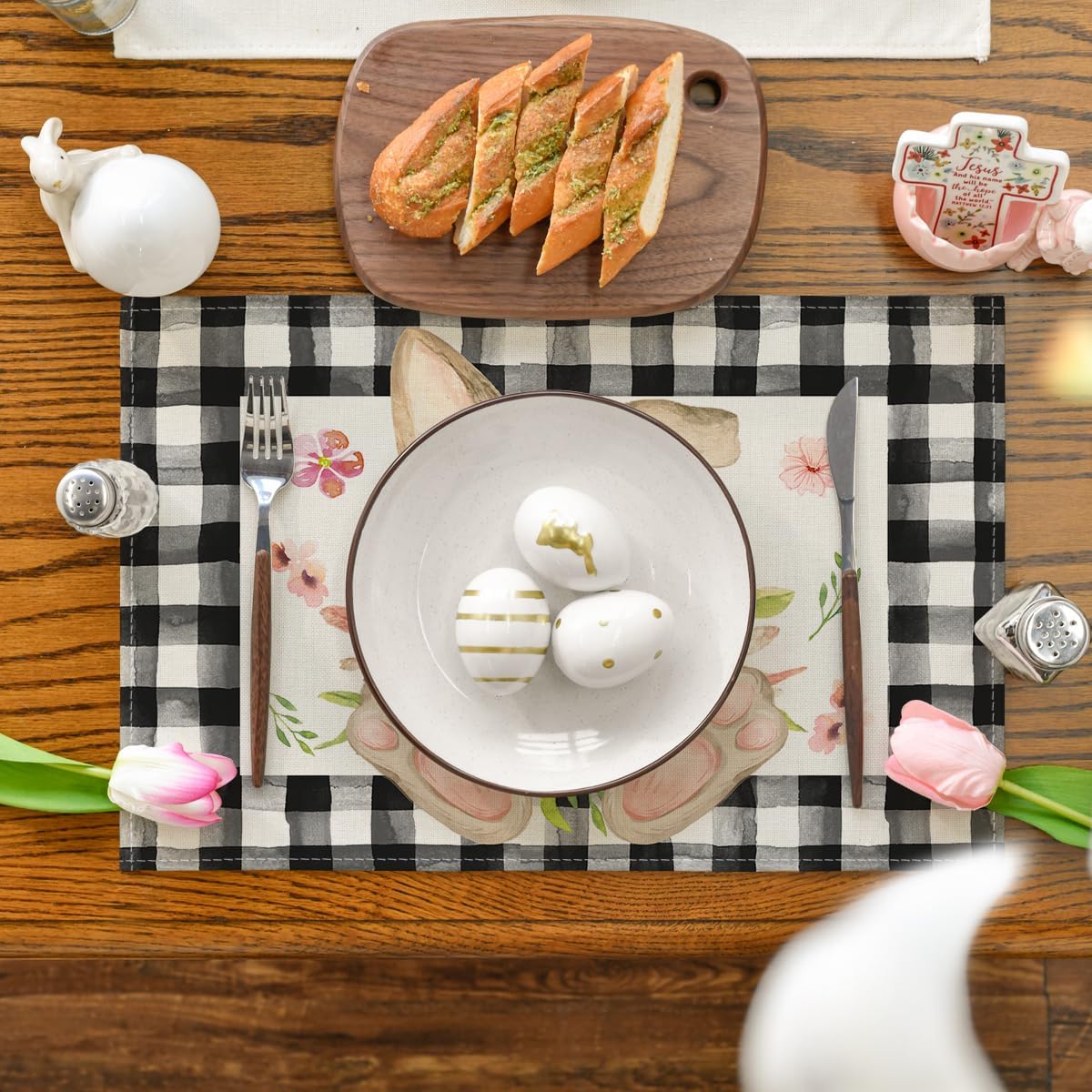 Buffalo Plaid Bunny Ear Foot Flower Easter Placemats Set of 4, 12x18 Inch Seasonal Spring Table Mats for Party Kitchen Dining Decoration - Image 2