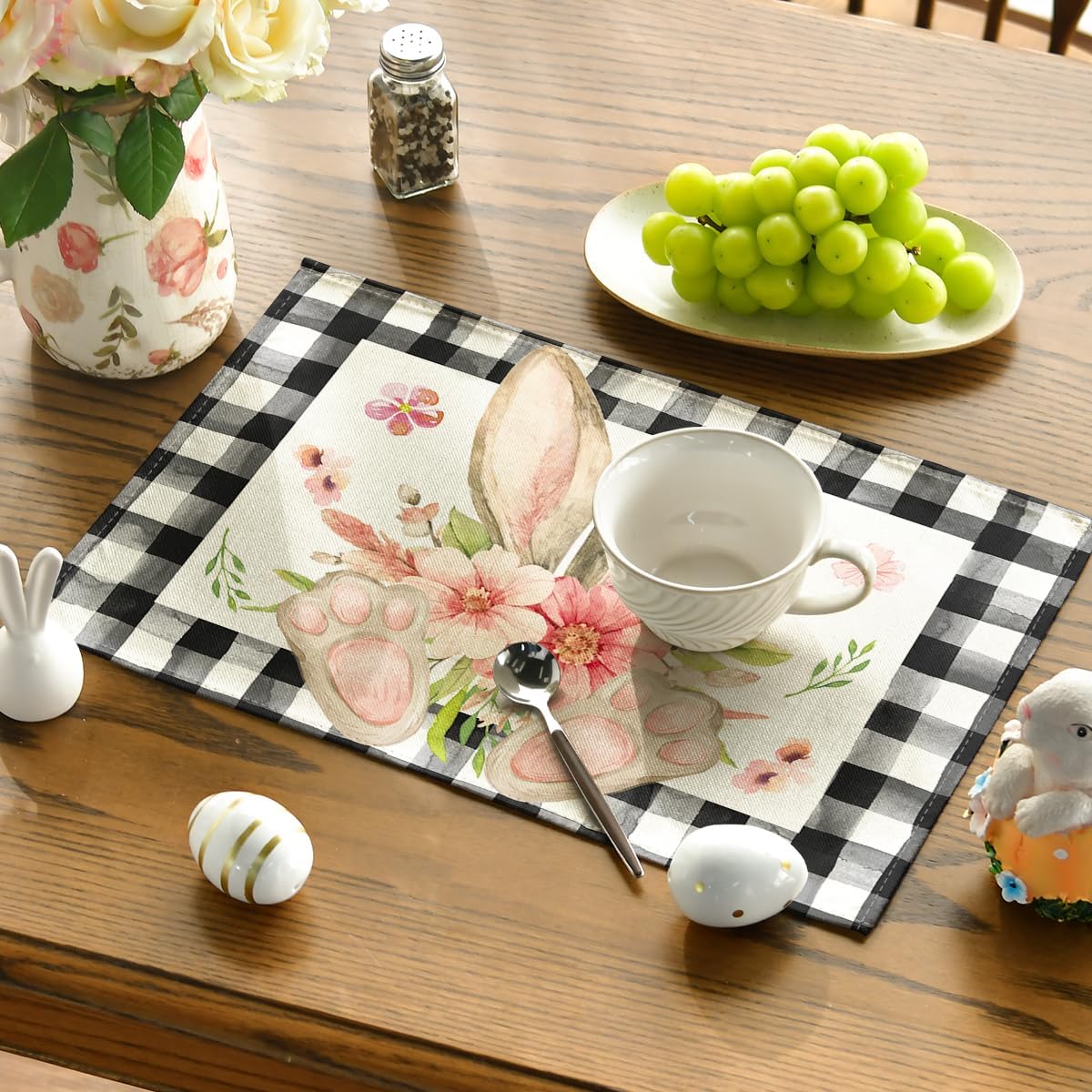 Buffalo Plaid Bunny Ear Foot Flower Easter Placemats Set of 4, 12x18 Inch Seasonal Spring Table Mats for Party Kitchen Dining Decoration - Image 3