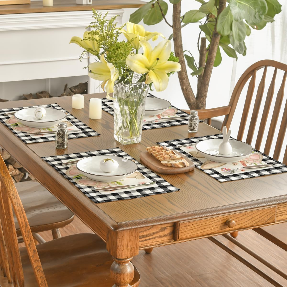 Buffalo Plaid Bunny Ear Foot Flower Easter Placemats Set of 4, 12x18 Inch Seasonal Spring Table Mats for Party Kitchen Dining Decoration - Image 4