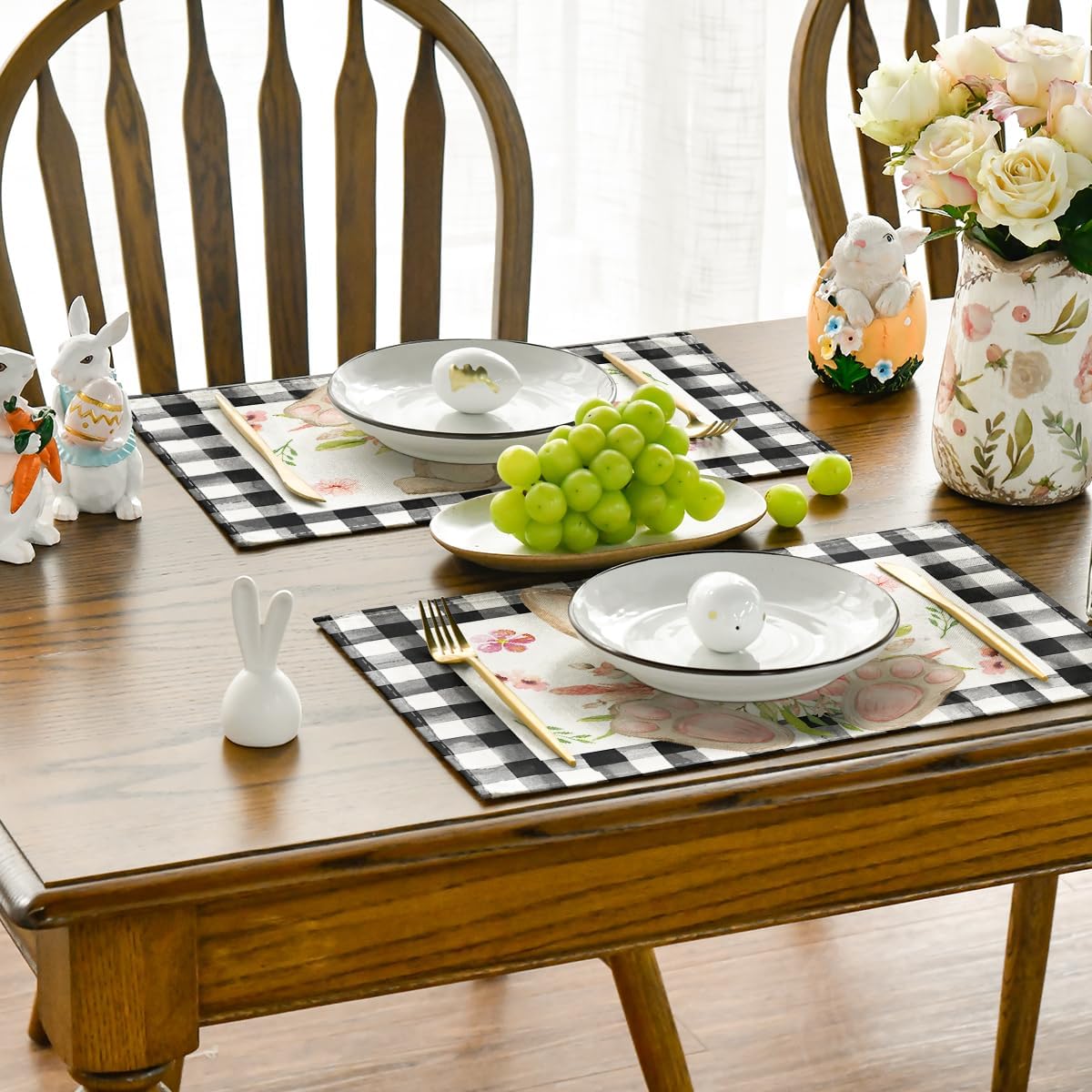 Buffalo Plaid Bunny Ear Foot Flower Easter Placemats Set of 4, 12x18 Inch Seasonal Spring Table Mats for Party Kitchen Dining Decoration - Image 5