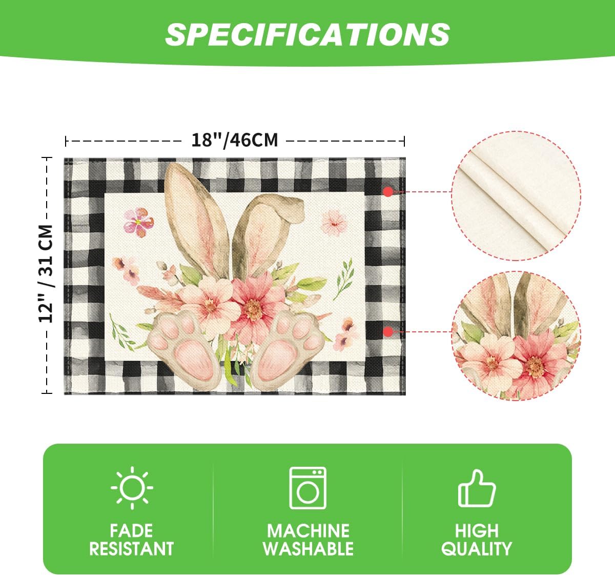 Buffalo Plaid Bunny Ear Foot Flower Easter Placemats Set of 4, 12x18 Inch Seasonal Spring Table Mats for Party Kitchen Dining Decoration - Image 6