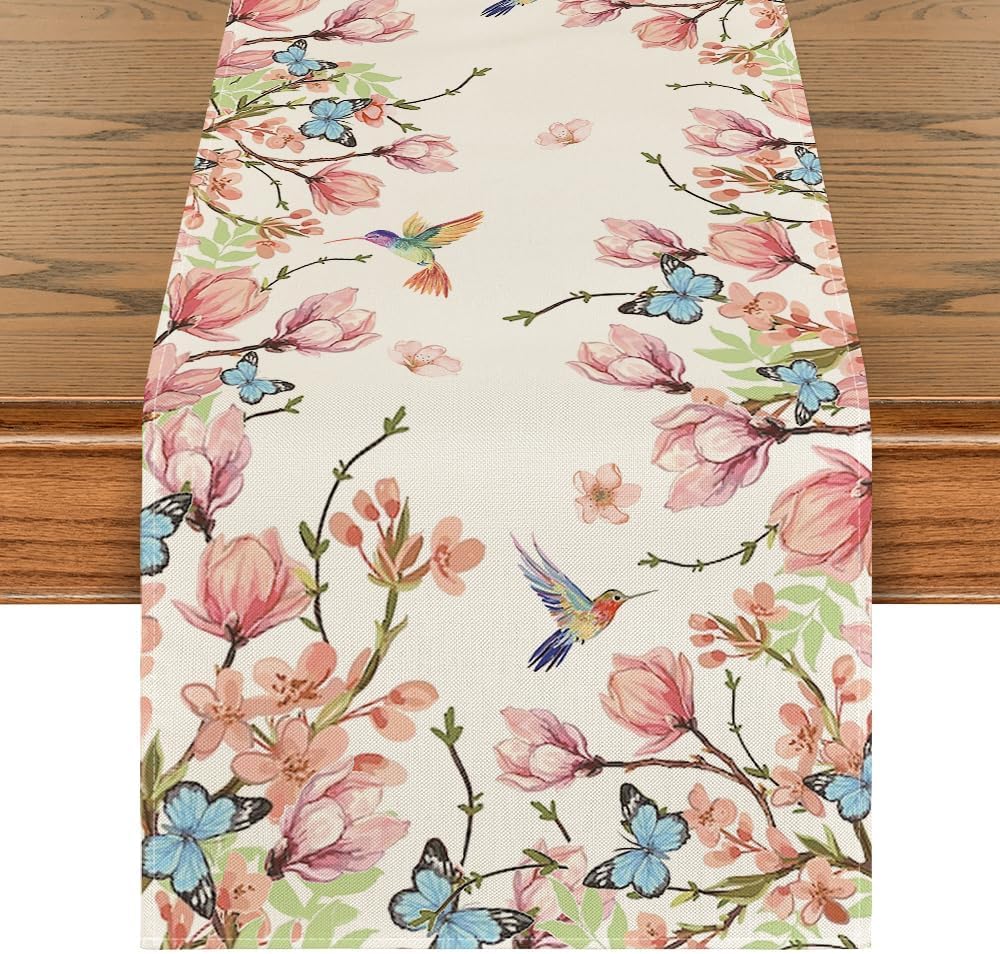Flowers Bird Butterfly Spring Table Runner, Seasonal Kitchen Dining Table Decoration for Home Party Decor 13x72 Inch - Image 1