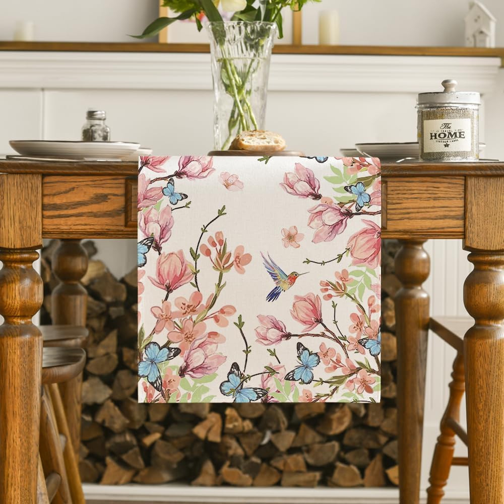 Flowers Bird Butterfly Spring Table Runner, Seasonal Kitchen Dining Table Decoration for Home Party Decor 13x72 Inch - Image 2