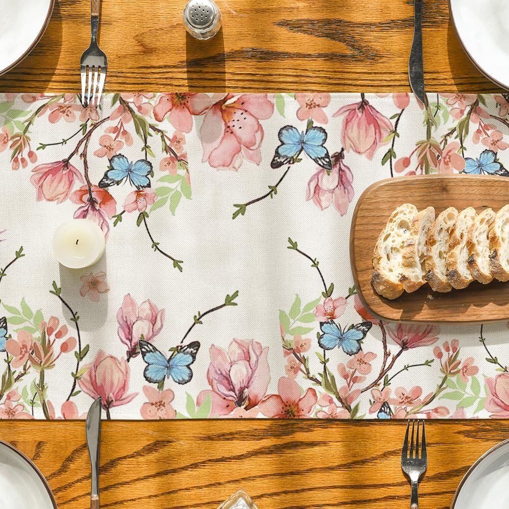Flowers Bird Butterfly Spring Table Runner, Seasonal Kitchen Dining Table Decoration for Home Party Decor 13x72 Inch - Image 3